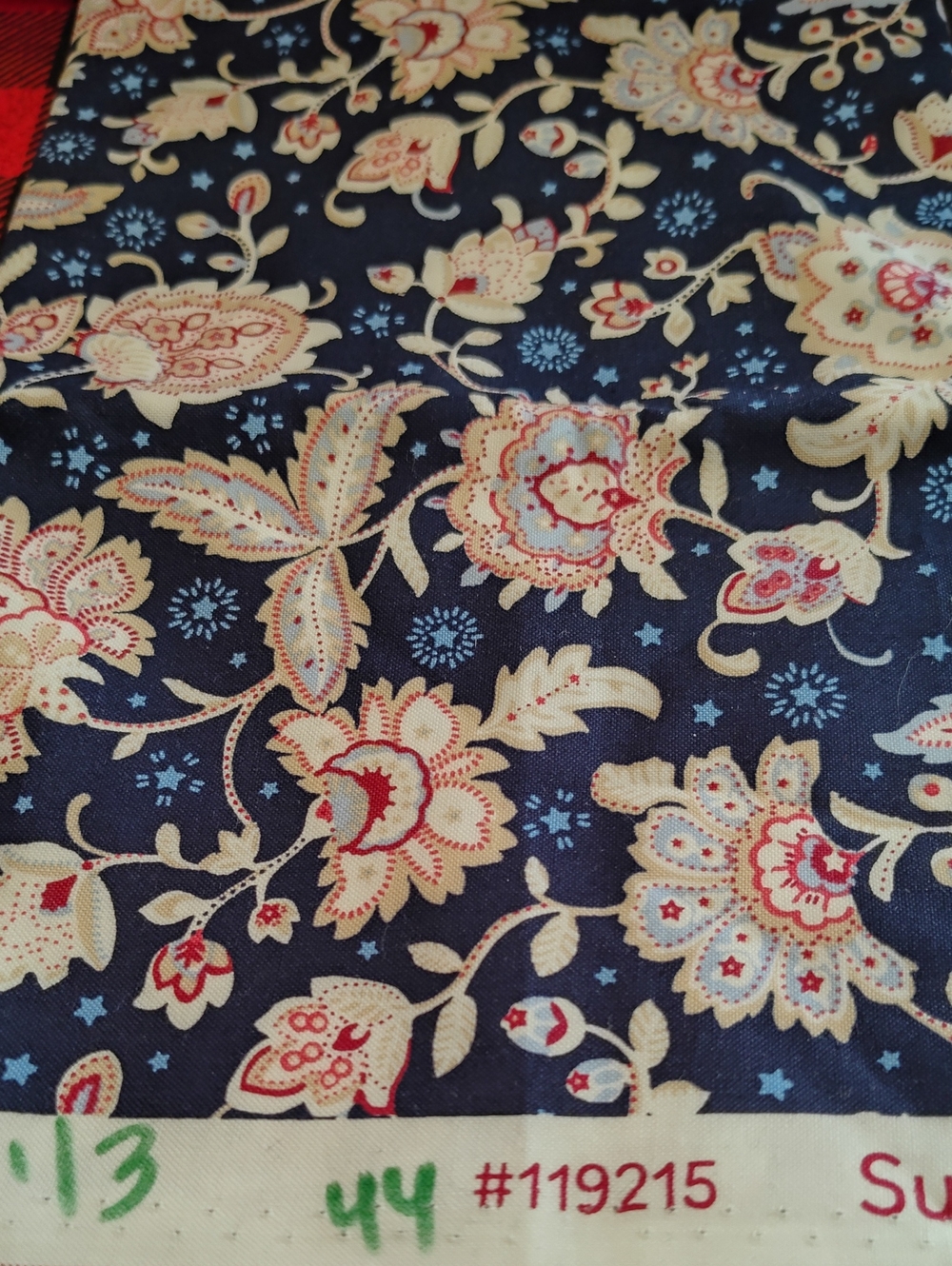 Floral Cotton Fabric Panel in Navy Cream Red - Home & Crafts